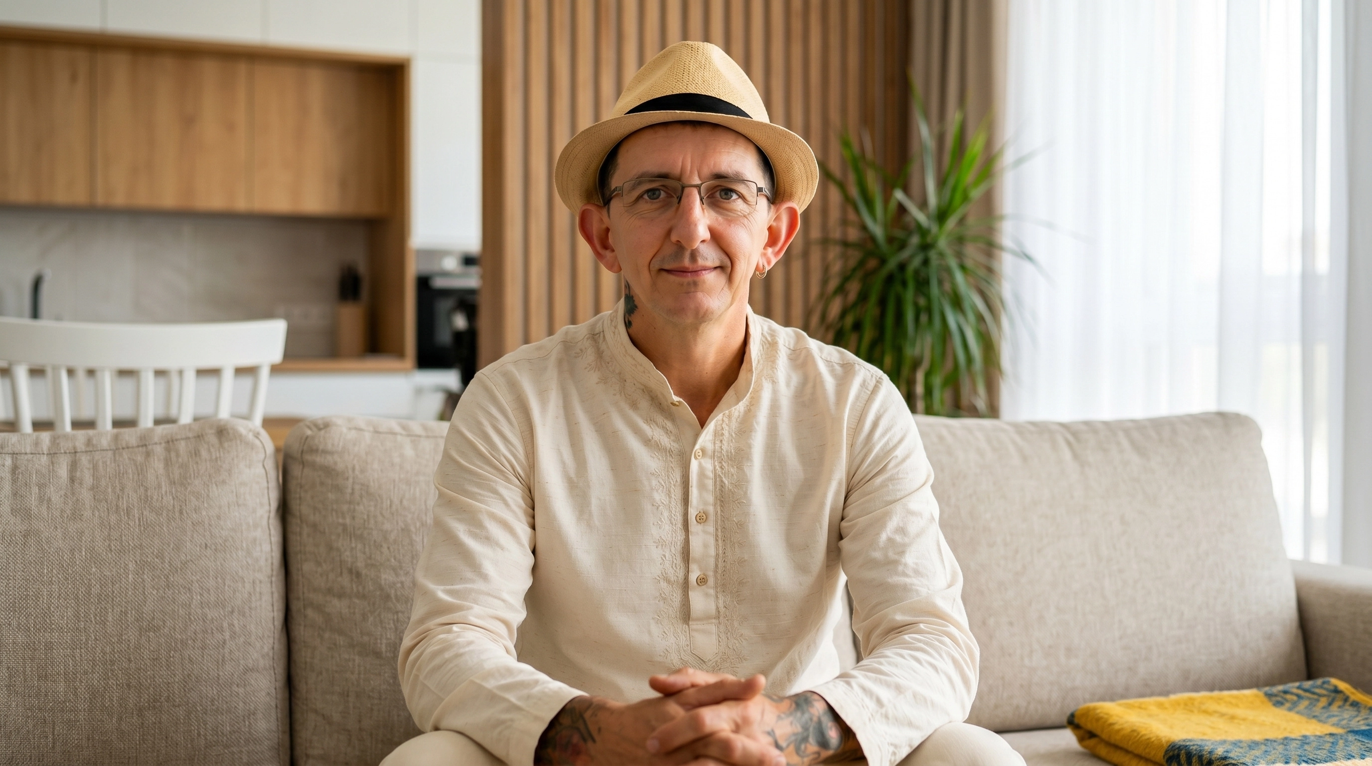 Andre Tauan sentado, recebendo